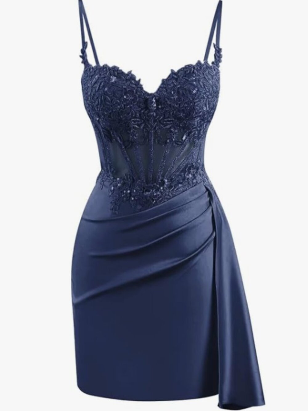 Women's Spaghetti Straps Short Homecoming Dresses for Teens Satin Lace Applique